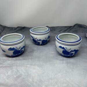 VTG Lot 3 Chinoiserie Porcelain Cachepot Jardiniere Blue White 5" Asian Scenes